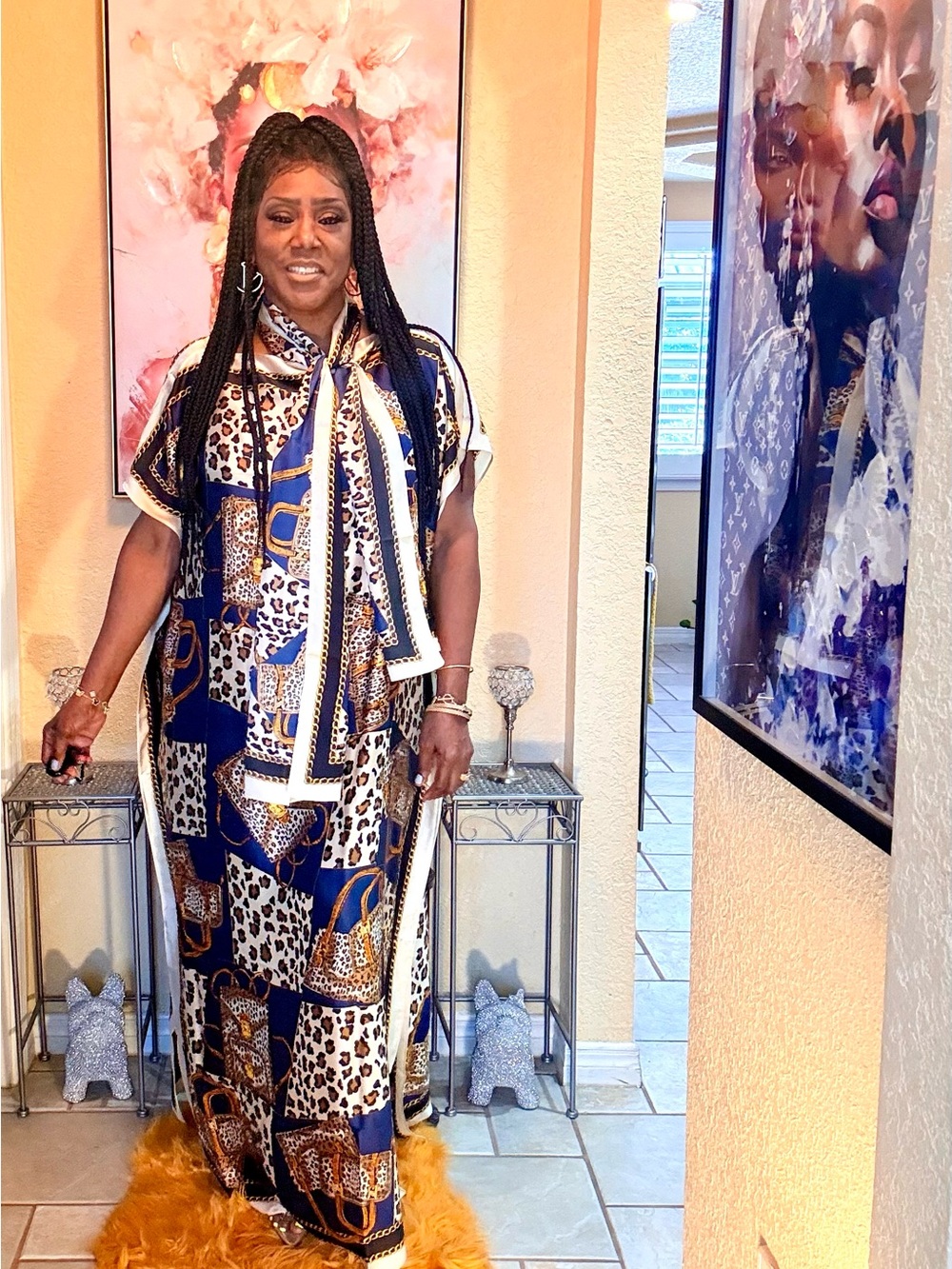Women’s Navy Blue & Leopard Print Maxi Dress with Scarf Tie